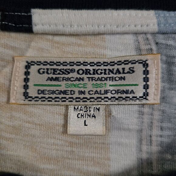 Guess Los Angeles T Shirt Mens Large Mustard Blue White Vertical Stripe Crewneck - Picture 4 of 6